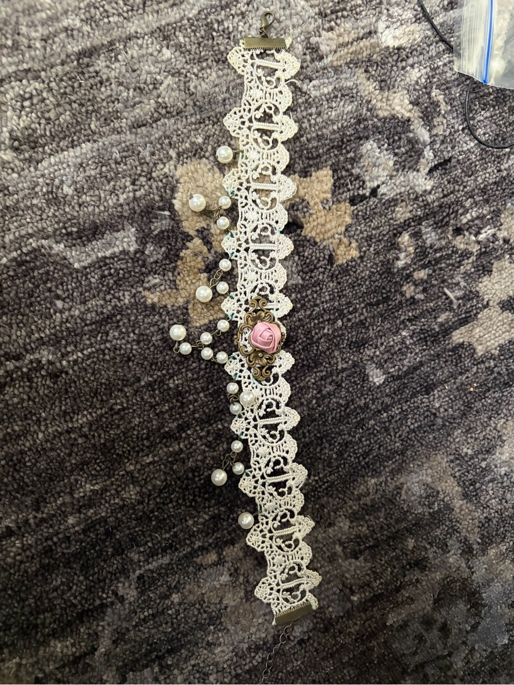Vintage-Inspired Cream Lace Choker with Pink Rose and Pearl Accents
